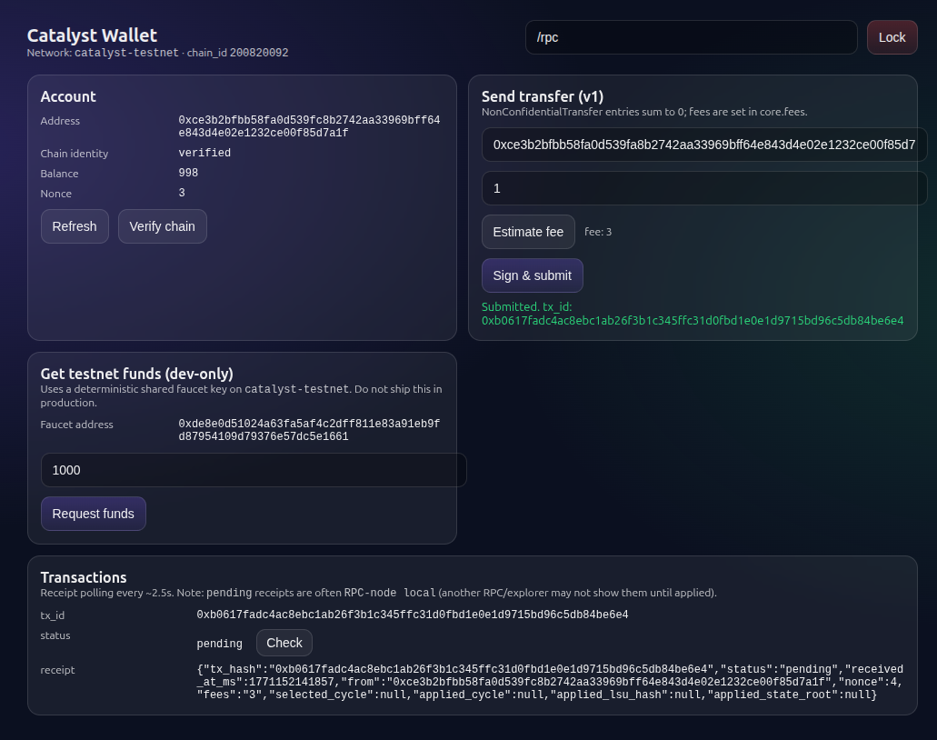Catalyst testnet wallet, February 2026